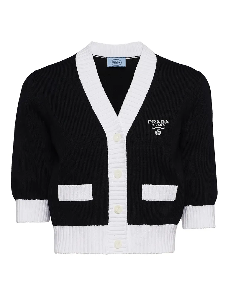 Prada Kurze Strickjacke Aus Baumwolle, Damen, Schwarz/weiss, Größe Schwarz