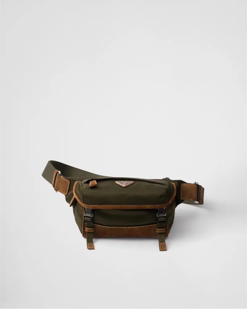 Prada Kleine Schultertasche aus Re-Nylon und Wildleder Moschusgrün