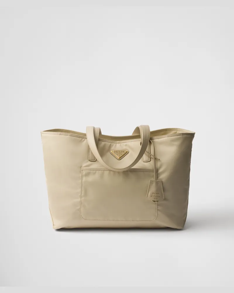 Prada Re-Edition 1978 mittelgroße Tote Bag aus Re-Nylon und Saffiano-Leder Wüstenbeige