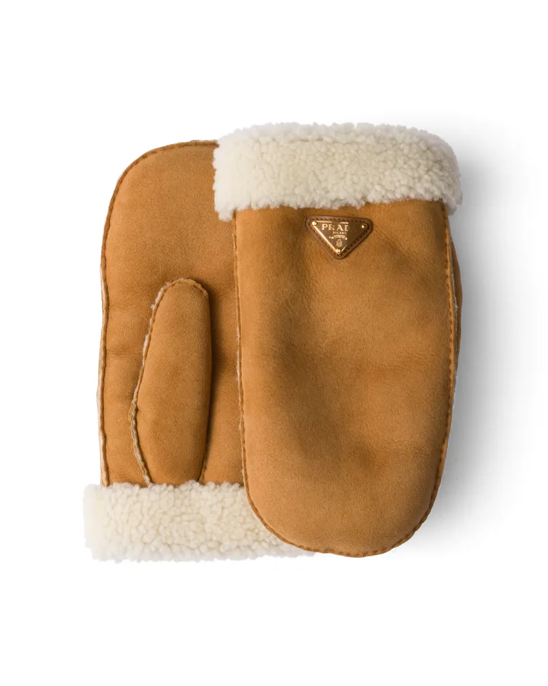 Prada Fäustlinge Aus Schafswildleder, Damen, Honig, Größe 8 Honig