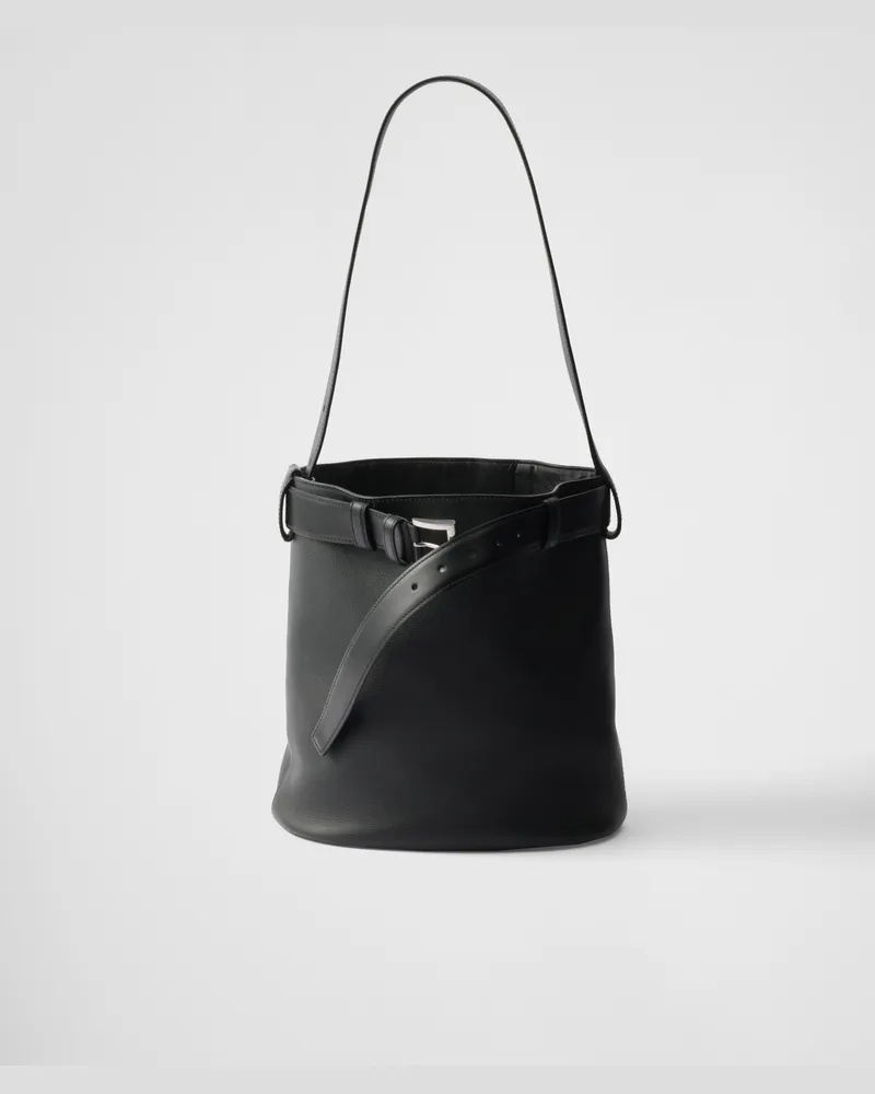 Prada Buckle Bucket Bag aus Leder mit Gürtel Schwarz