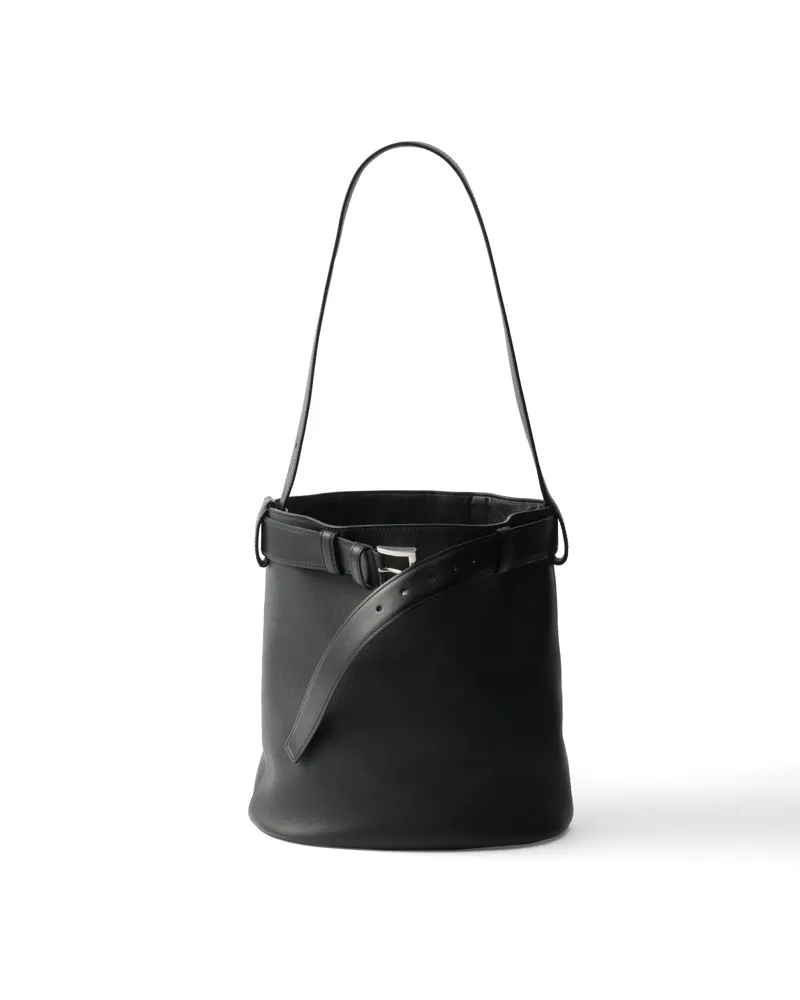 Prada Buckle Bucket Bag Aus Leder Mit Gürtel, Damen, Schwarz Schwarz