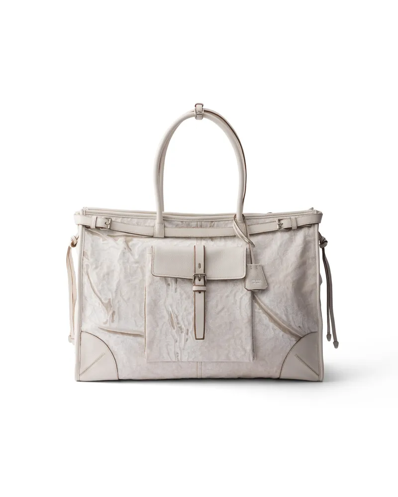 Prada Bonnie Tote Bag Aus Bedrucktem Leinen Und Leder, Herren, Weiss Weiss