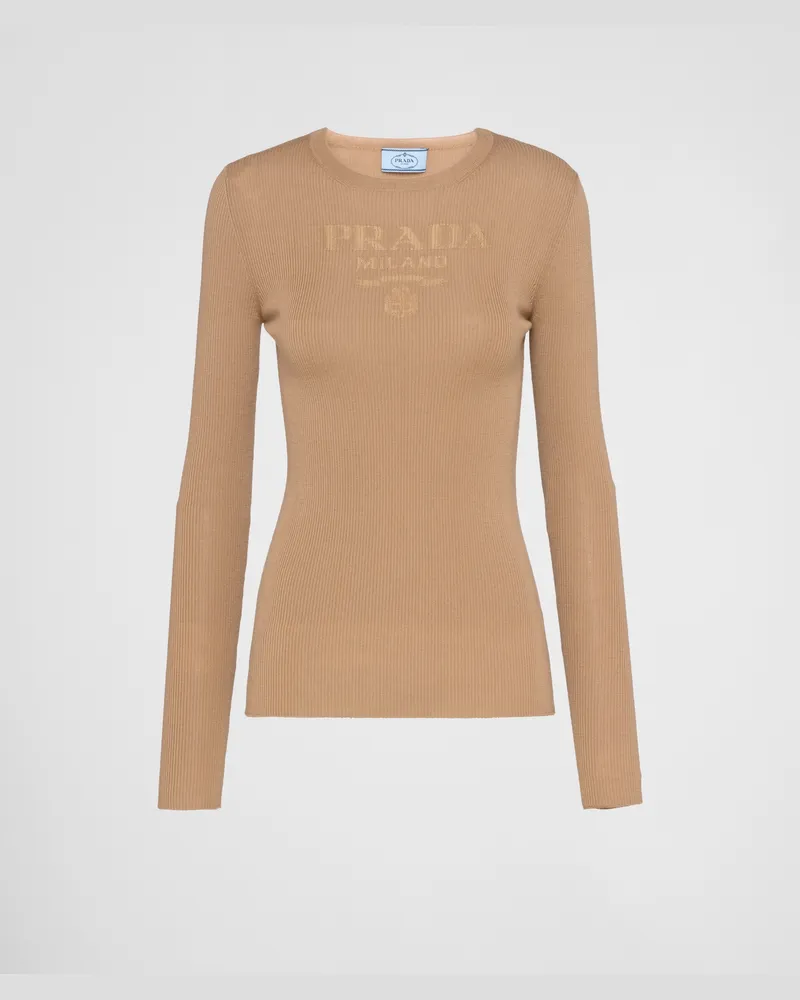 Prada Rundhalspullover aus Superfine-Wool Kamelbraun