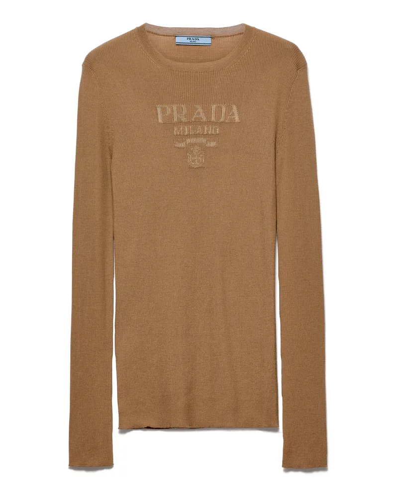Prada Rundhalspullover Aus Superfine-wool, Damen, Kamelbraun, Größe Kamelbraun