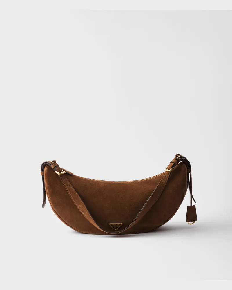 Prada Demi-lune Große Schultertasche aus Wildleder Kakaobraun