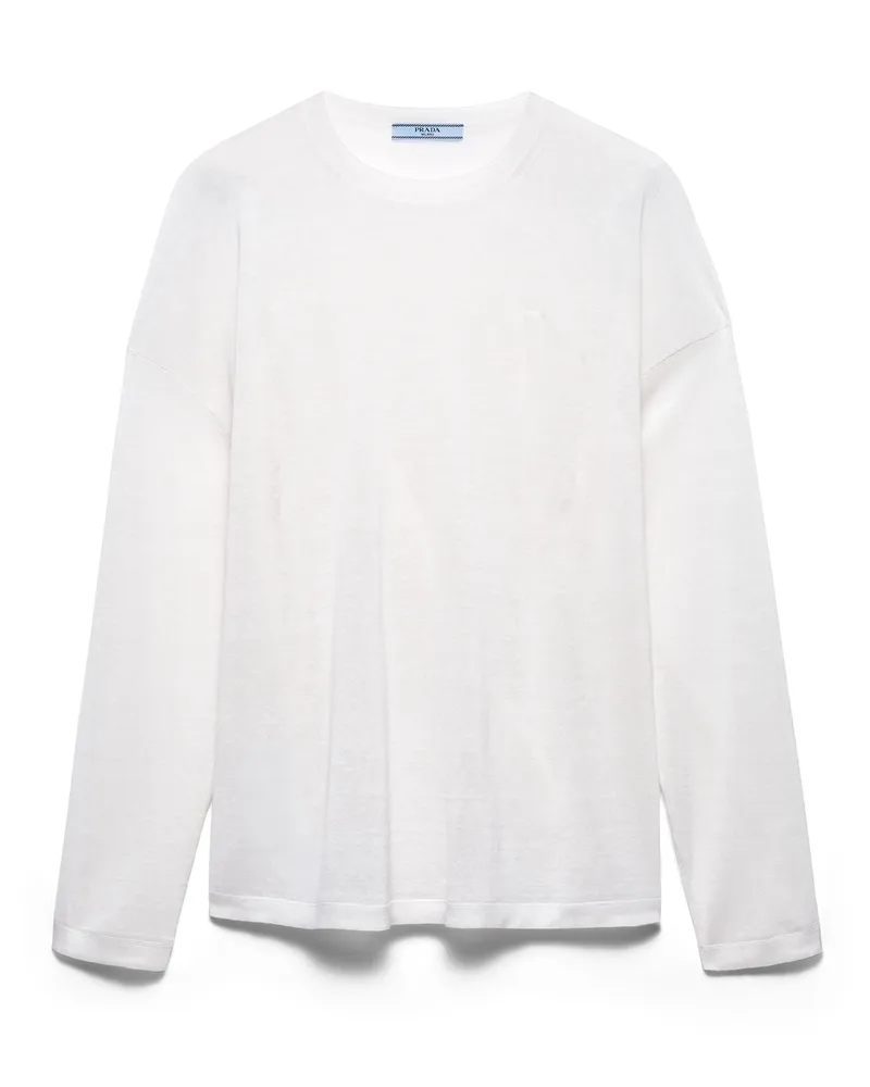 Prada Langärmliges T-shirt Aus Leinen, Damen, Weiss, Größe Weiss