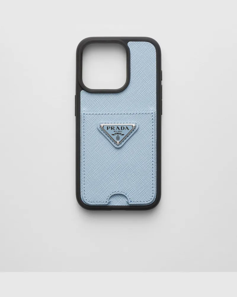 Prada iPhone-15-Pro-Hülle aus Saffiano-Leder Blassblau