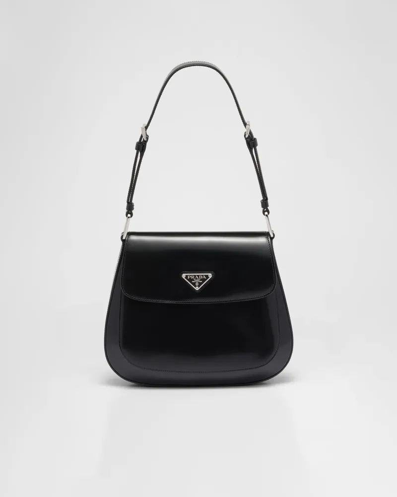 Prada Mittelgroße  Cleo Schultertasche Aus Gebürstetem Leder, Damen, Schwarz Schwarz
