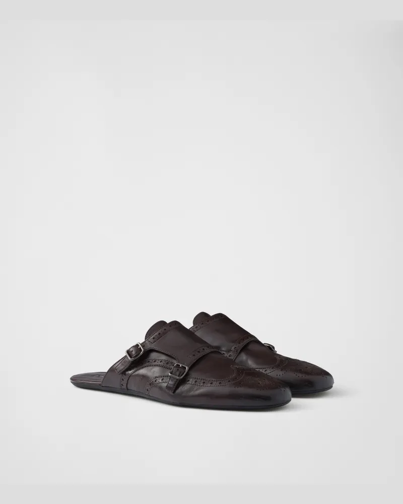 Prada Shuffle Double-Monkstrap-Mules aus Leder in Antik-Optik Dunkelbraun