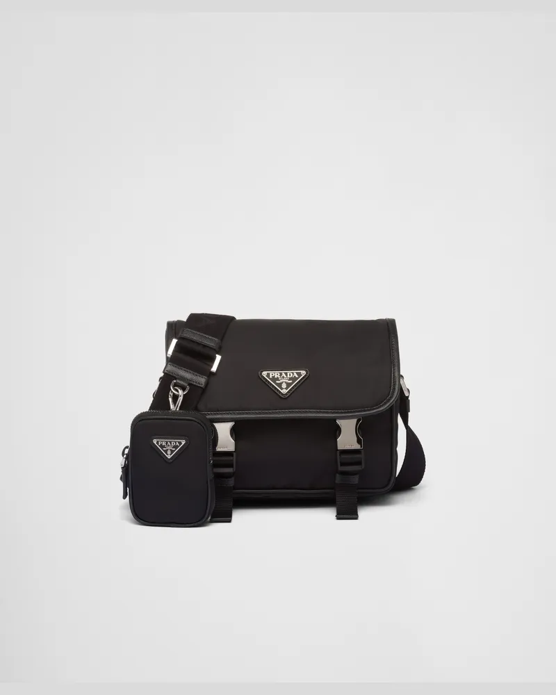 Prada Schultertasche aus Re-Nylon und Saffiano-Leder Schwarz