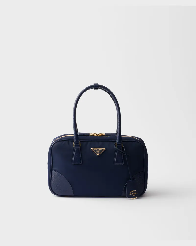 Prada Re-Edition 1978 Medium Tasche mit zwei Griffen aus Re-Nylon und Saffiano-Leder Ostseeblau