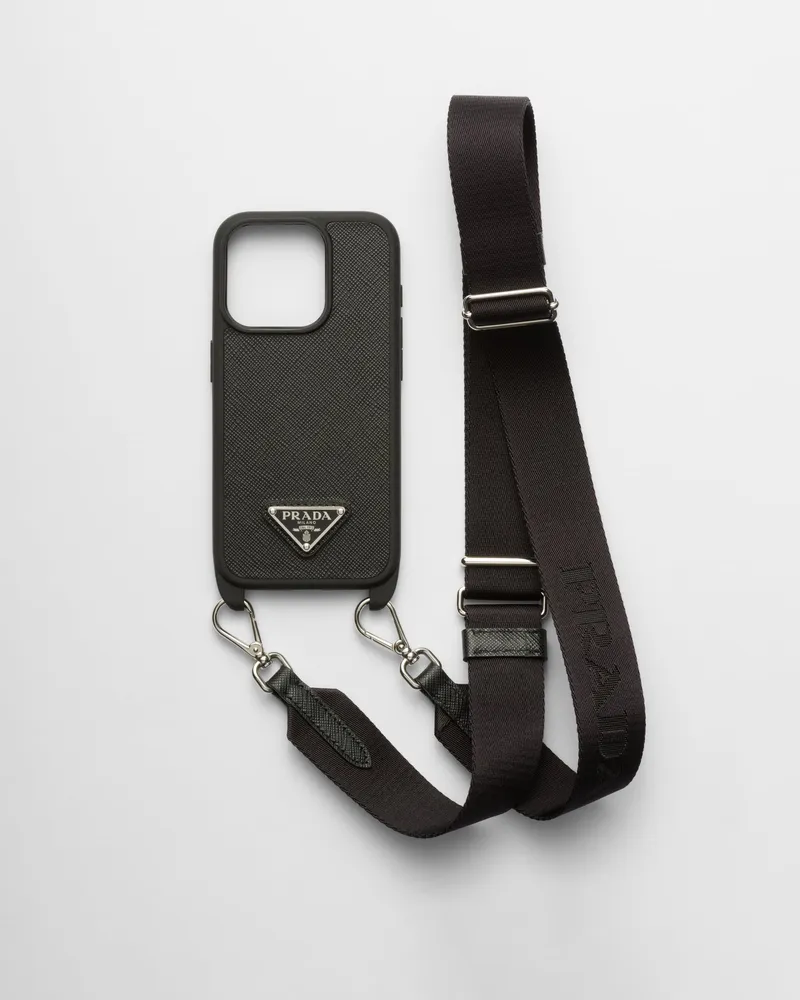 Prada iPhone-15-Pro-Hülle aus Saffiano-Leder Schwarz