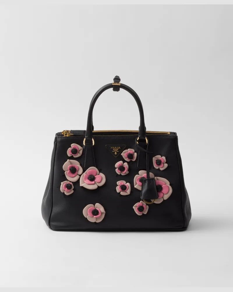 Prada Große  Galleria Tasche aus Leder mit Blumenapplikationen Schwarz+geranienfarben