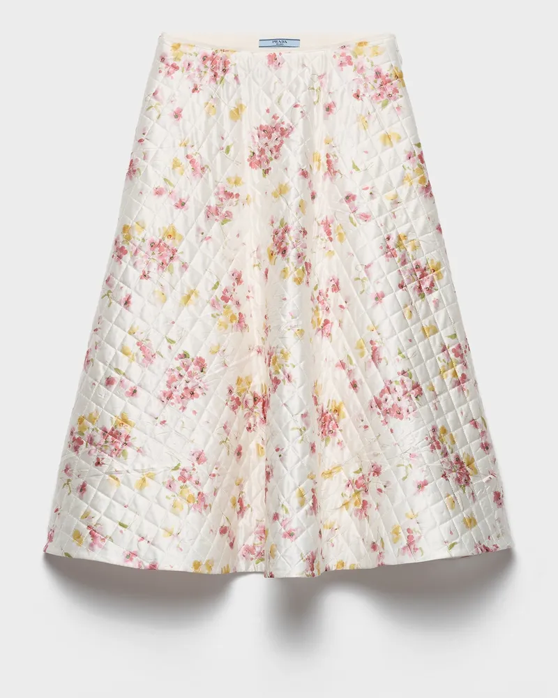 Prada Circle-Rock aus gestepptem Satin mit Blumenprint Begonienrosa