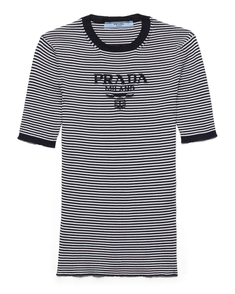 Prada Gestreifter Rundhalspullover Aus Seidenstrick, Damen, Blau/weiss, Größe Blau