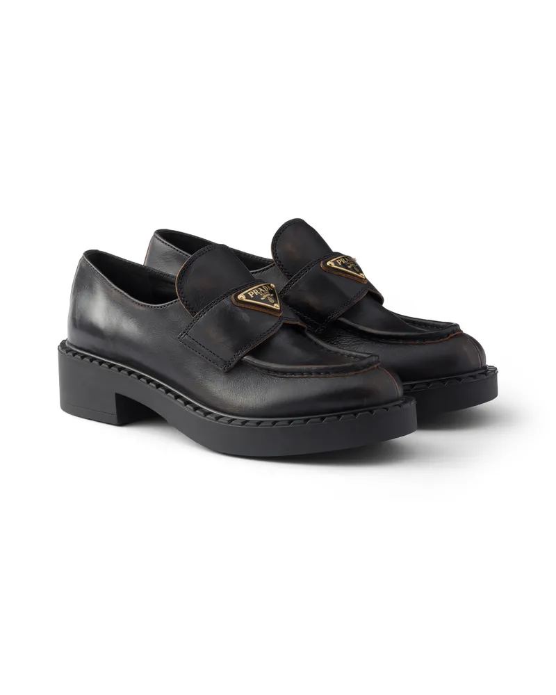 Prada Loafer Aus Antikisiertem Schokoladenleder, Damen, Schwarz/braun, Größe Schwarz