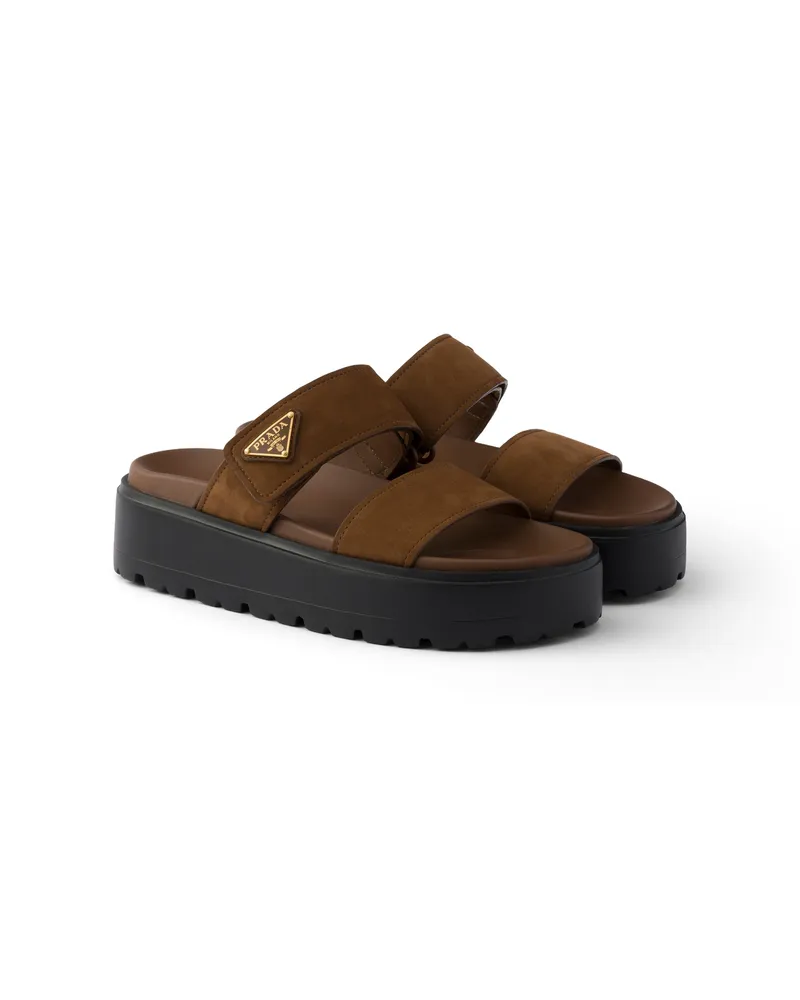 Prada Pantoletten Aus Nubukleder, Damen, Kakaobraun, Größe Kakaobraun
