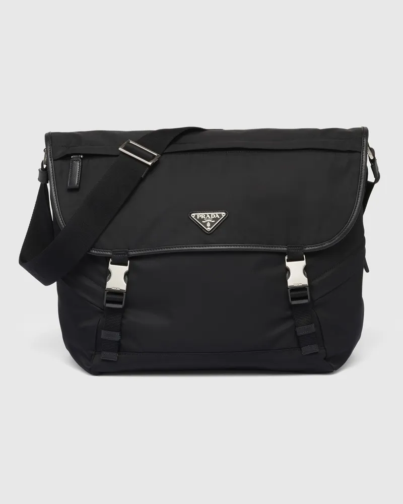 Prada Schultertasche aus Re-Nylon und Saffiano-Leder Schwarz