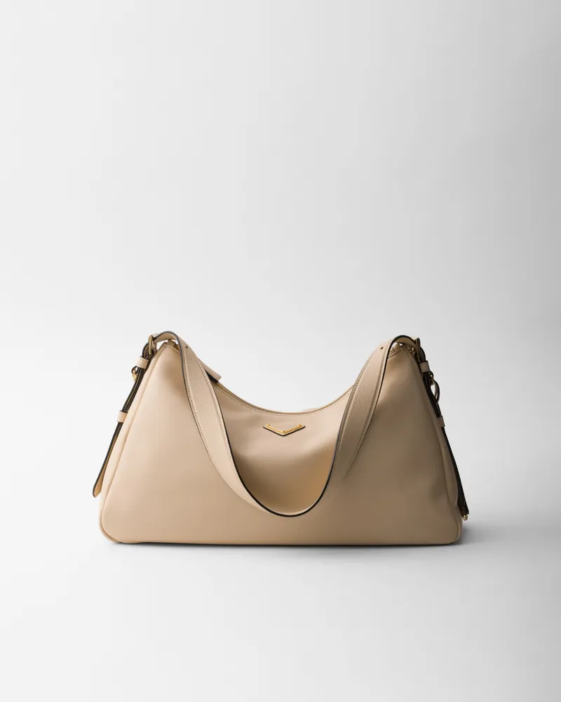 Prada Aimée Große Schultertasche aus Leder Travertin