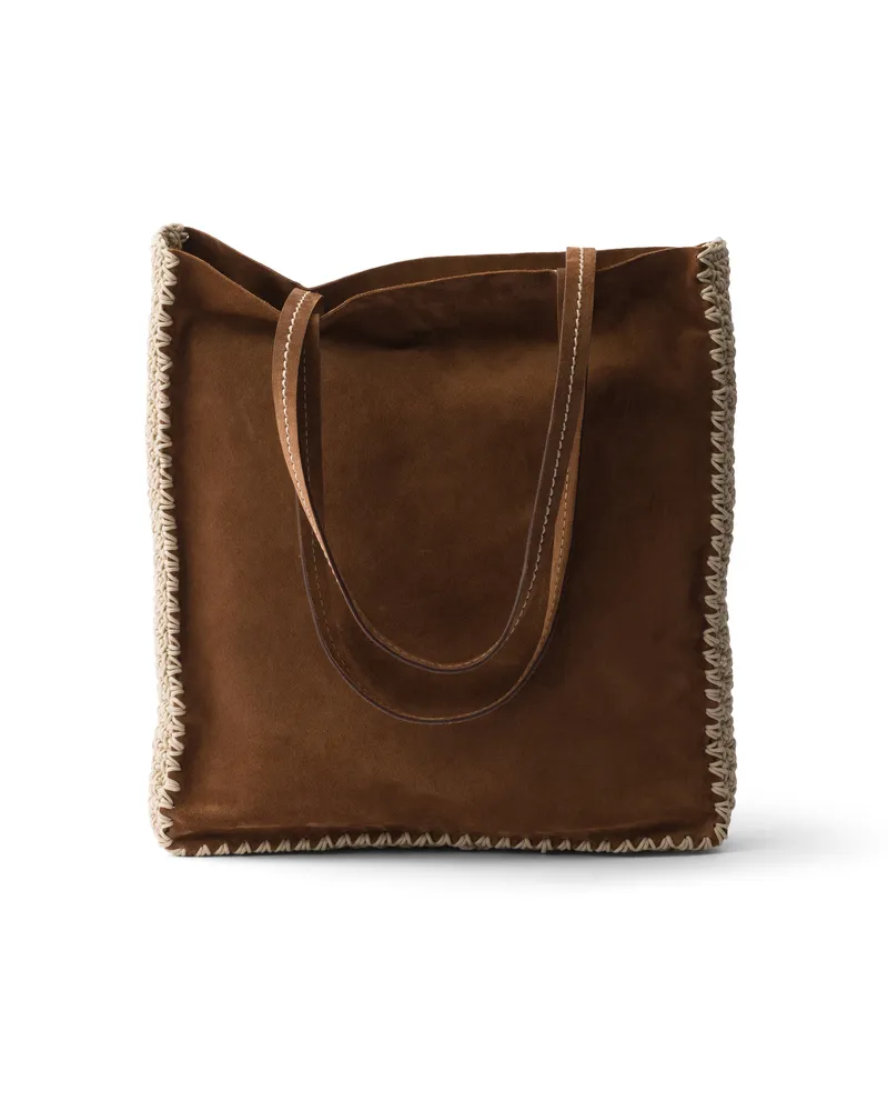 Prada Große Tote Bag Aus Wildleder Und Häkelarbeit, Damen, Kakaobraun Kakaobraun