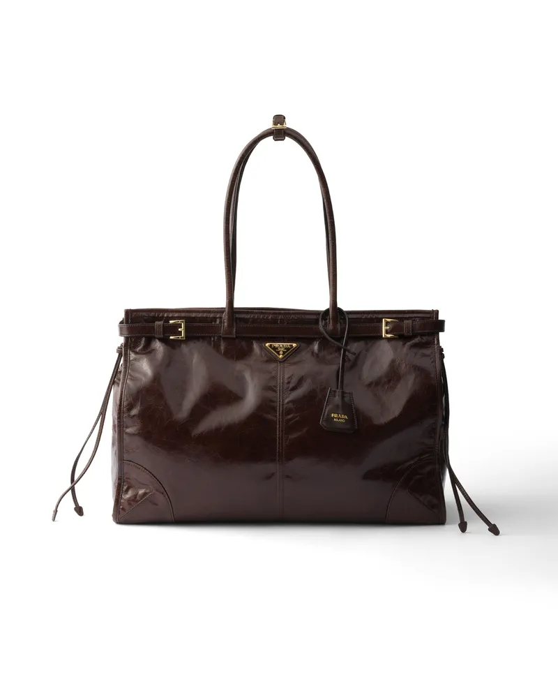 Prada Bonnie Extragroße Tasche Aus Leder, Damen, Dunkelbraun Dunkelbraun