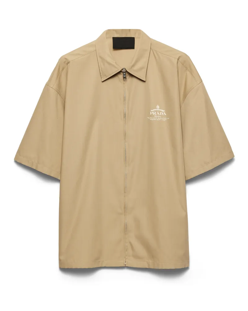 Prada Kurzärmliges Hemd Aus Technischer Baumwolle, Herren, Wüstenbeige, Größe Wüstenbeige