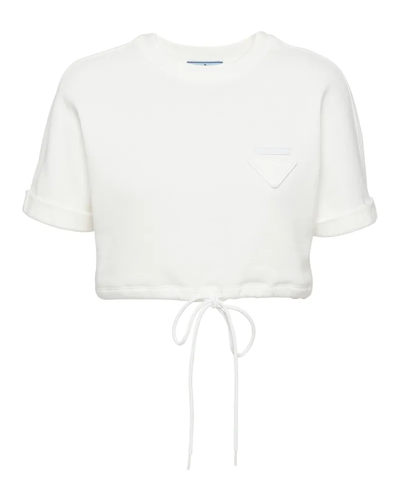 Prada Kurzes T-shirt Aus Baumwollfleece, Damen, Weiss, Größe Weiss