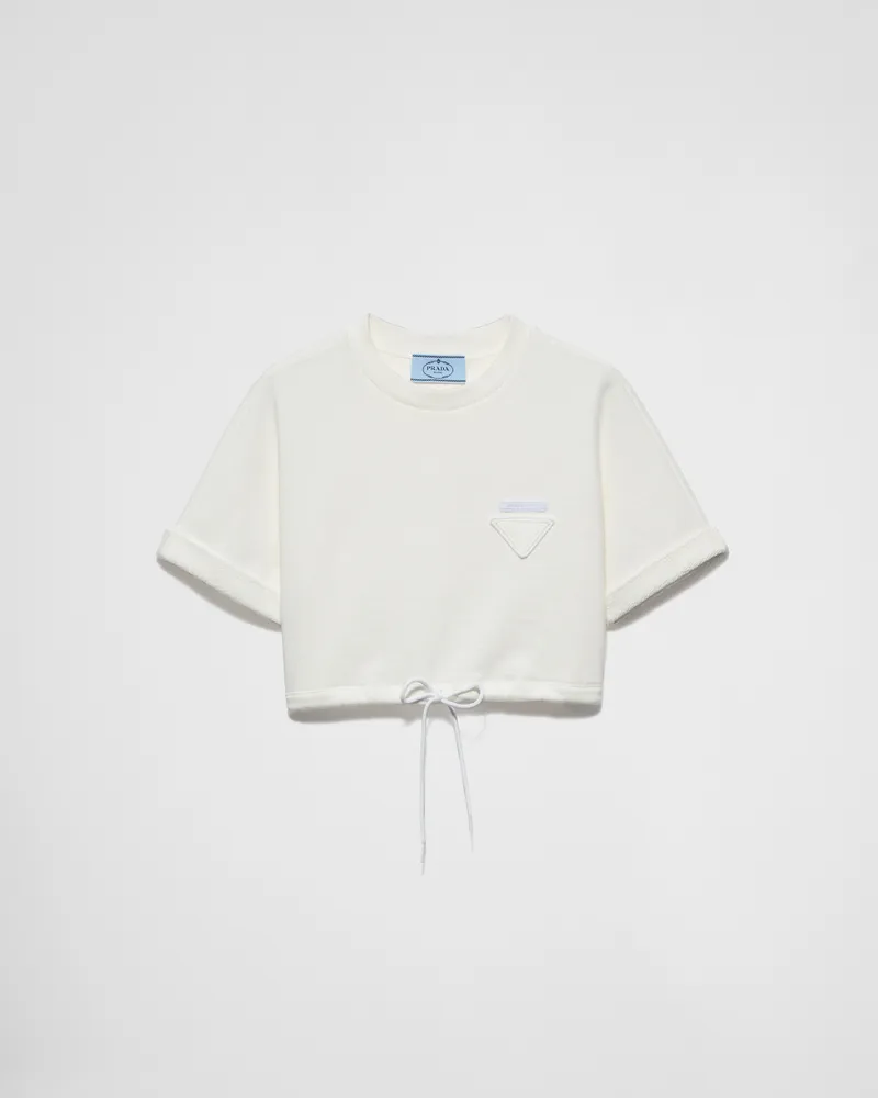 Prada Kurzes T-Shirt aus Baumwollfleece Weiss