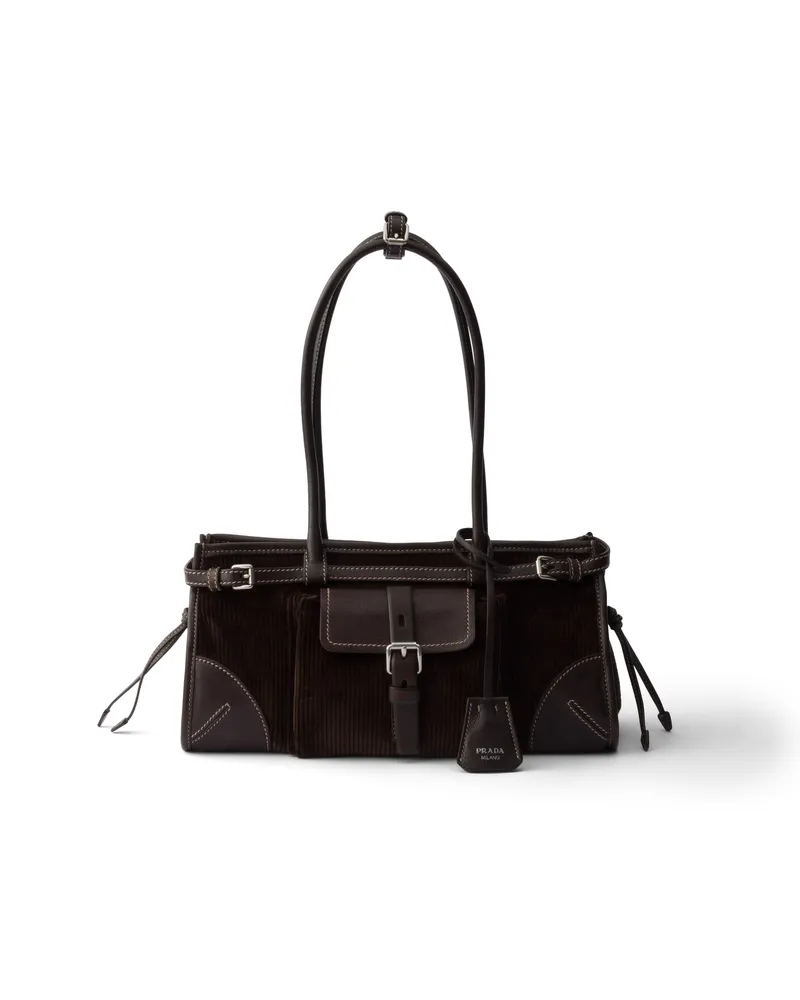 Prada Bonnie Mittelgroße Handtasche Aus Cord Und Leder, Damen, Ebenholz Ebenholz