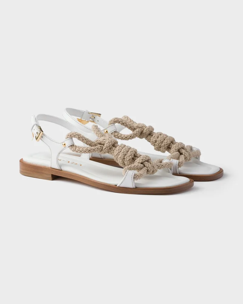 Prada Flache Sandalen aus Leder und Kordel Weiss