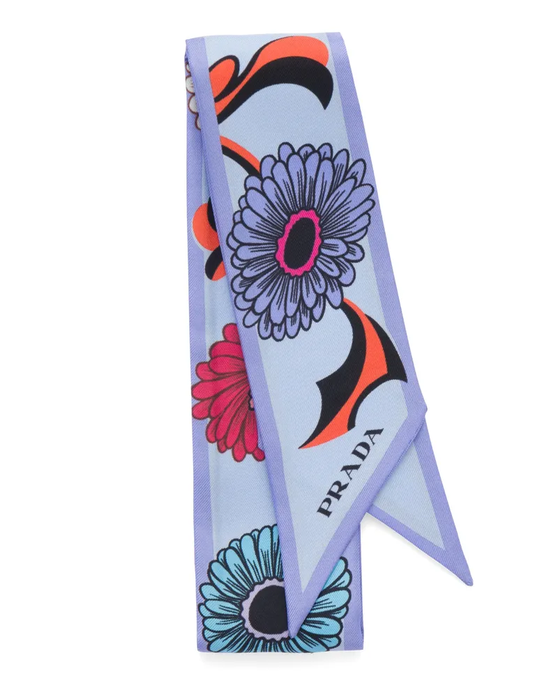 Prada Schal Aus Seidentwill Mit Print, Damen, Astralblau Astralblau