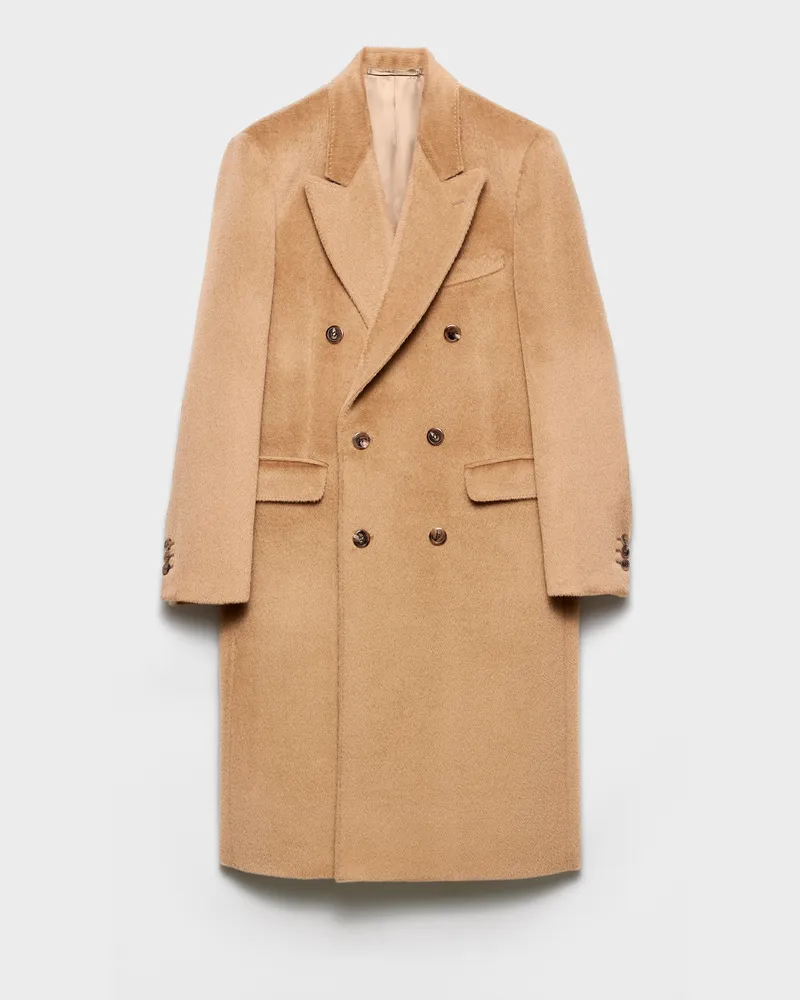 Prada Doppelreihiger Mantel aus Wollgemisch Kamelbraun