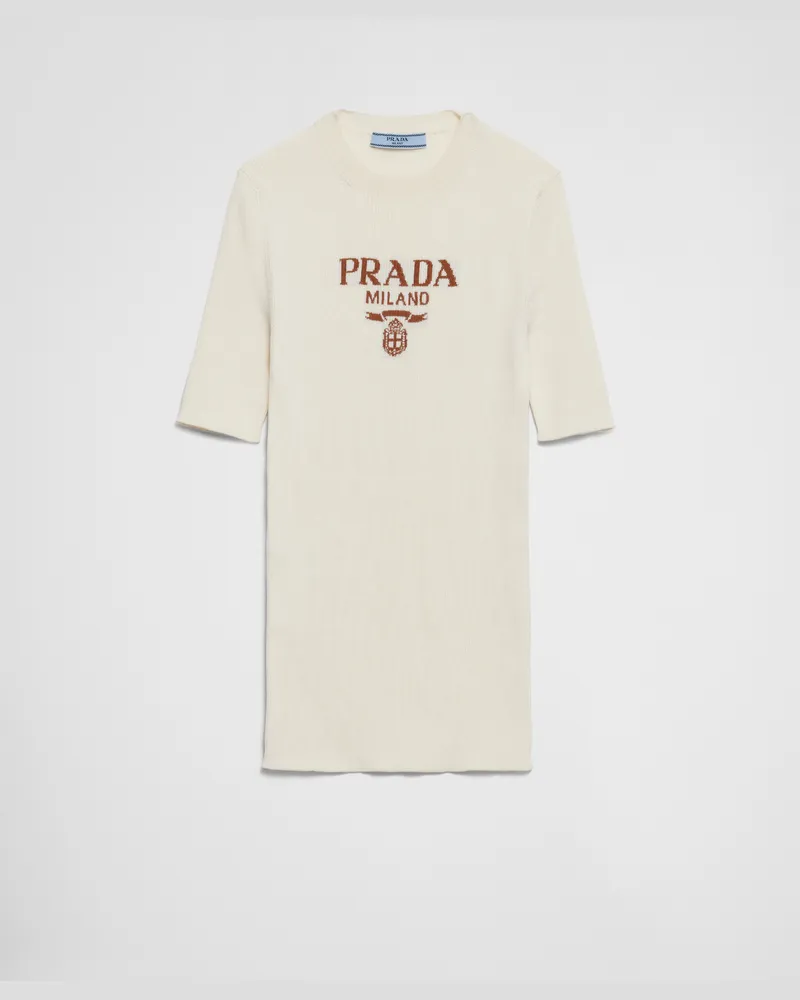 Prada Rundhalspullover aus Seide mit Logo Elfenbein