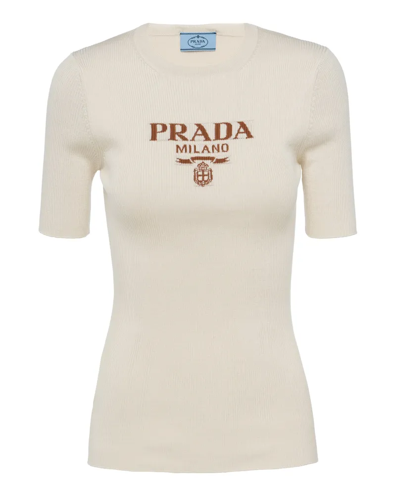 Prada Rundhalspullover Aus Seide Mit Logo, Damen, Elfenbein, Größe Elfenbein