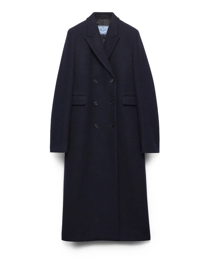 Prada Doppelreihiger Mantel Aus Shetlandwolle, Damen, Blau, Größe Blau