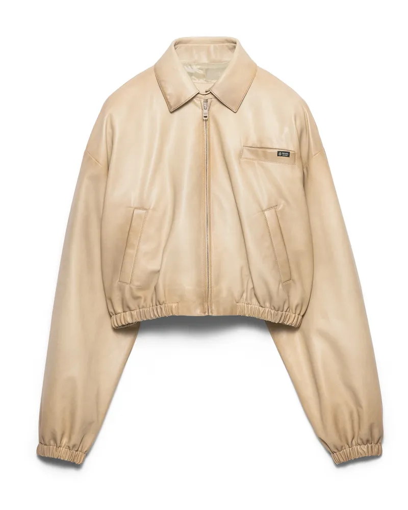 Prada Kurze Jacke Aus Nappa-leder, Damen, Elfenbein, Größe Elfenbein