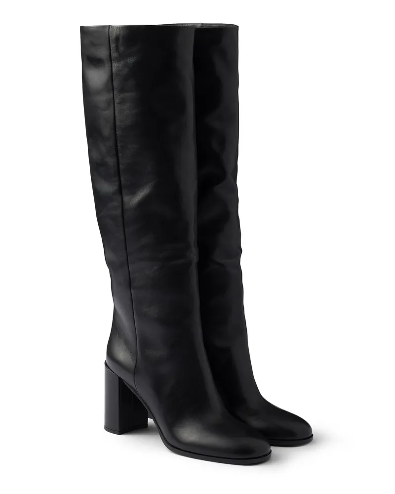 Prada Stiefel Aus Leder Mit Absatz, Damen, Schwarz, Größe Schwarz