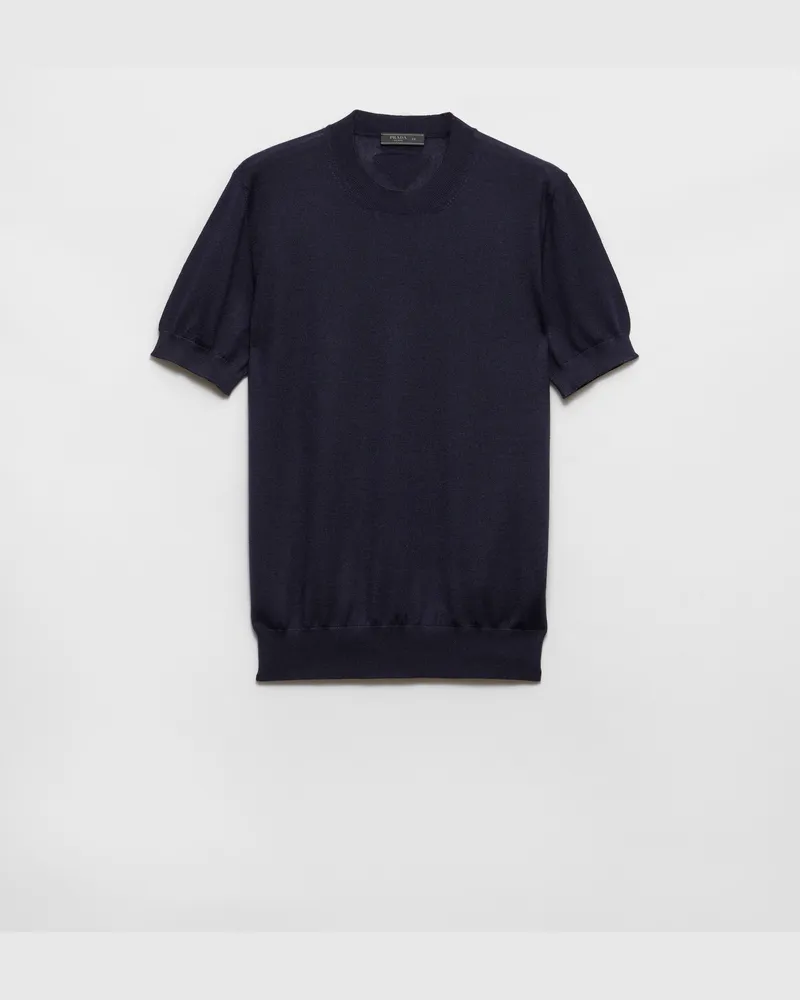 Prada Kurzärmliger Pullover aus Kaschmir und Seide Blau