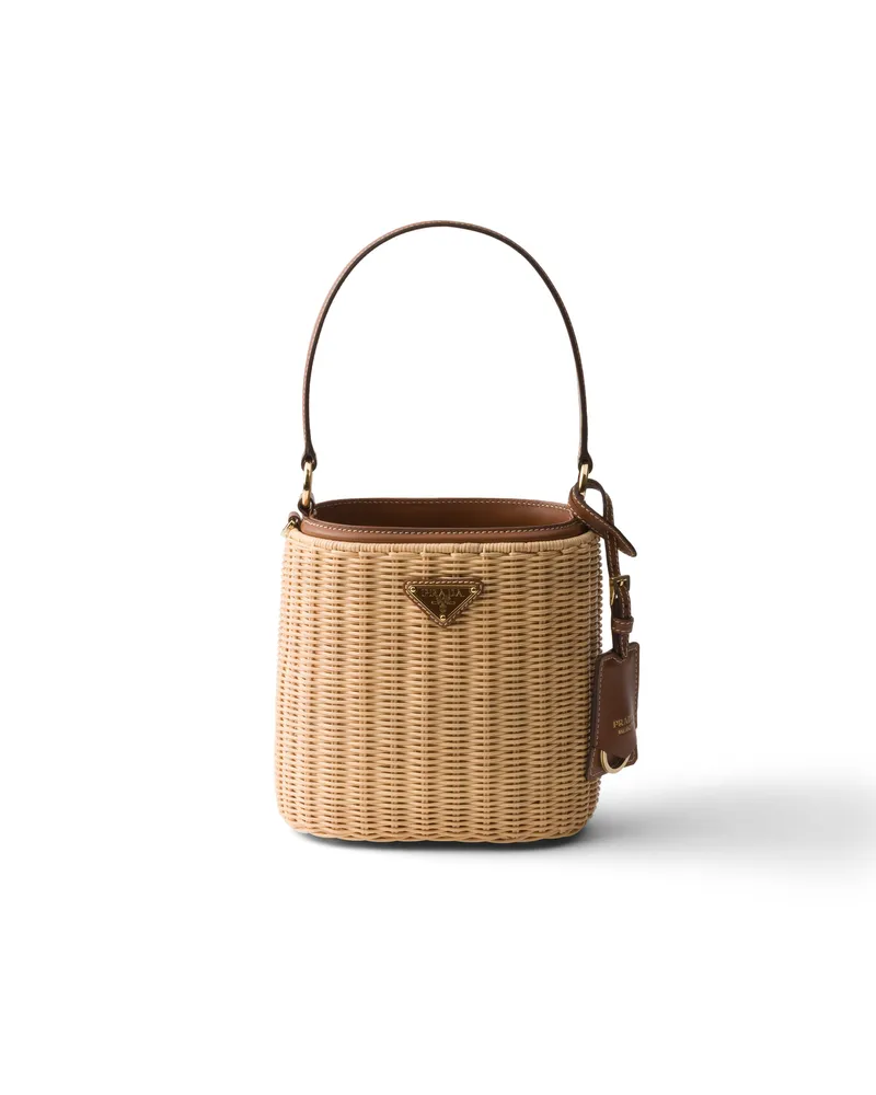 Prada Bucket Bag Aus Korbgeflecht Und Leder, Damen, Beige/cognac Beige