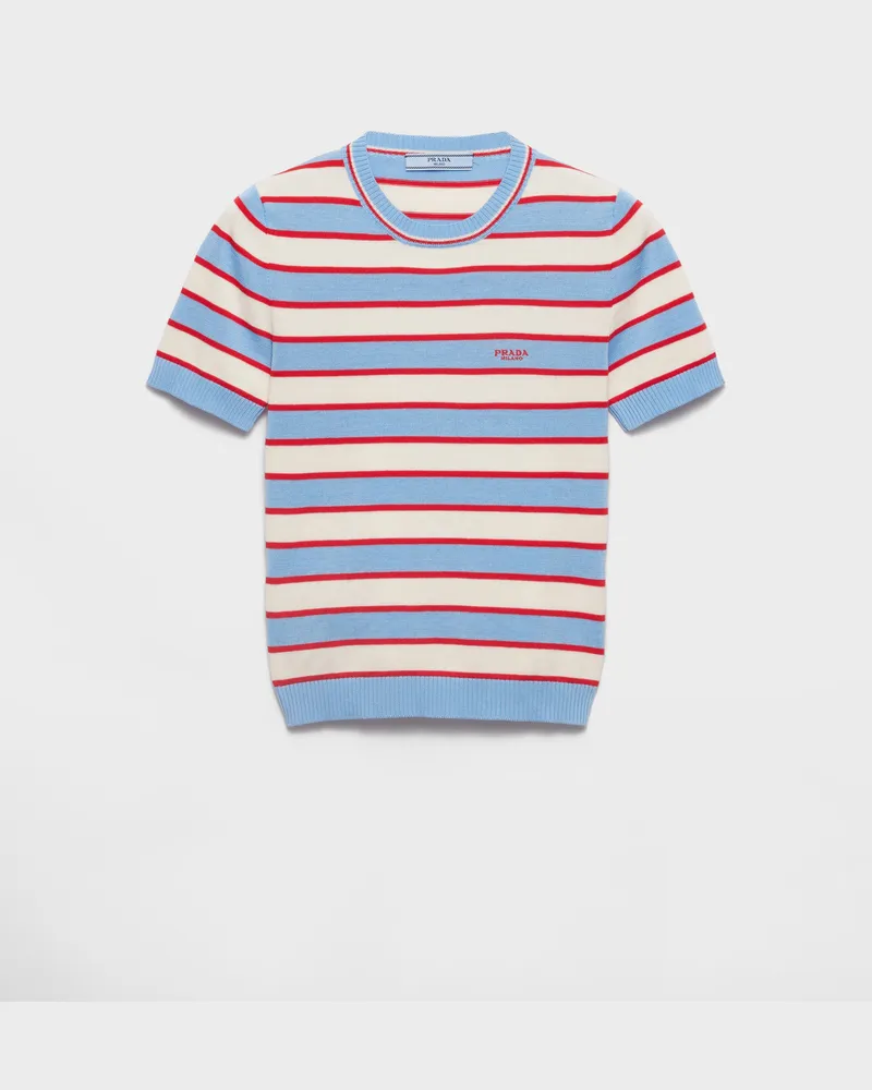 Prada Gestreifter Pullover aus Baumwolle mit Rundhalsausschnitt Blau