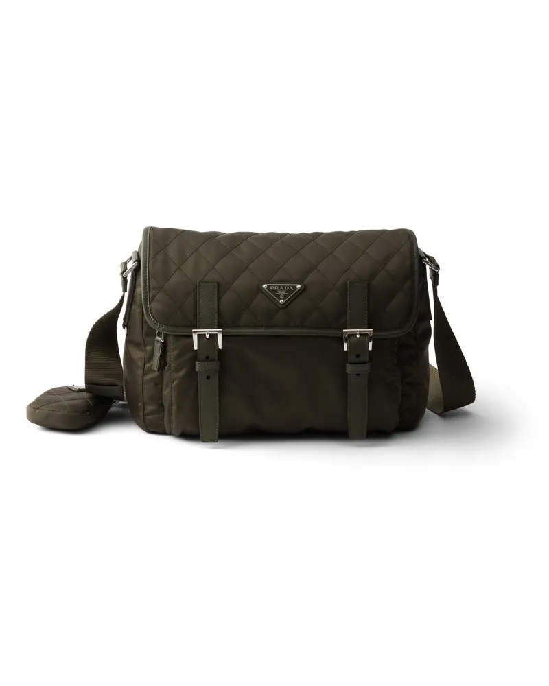 Prada Große Gesteppte Schultertasche Aus Re-nylon Mit Besatz Aus Saffiano-leder, Damen, Waldgrün Waldgrün