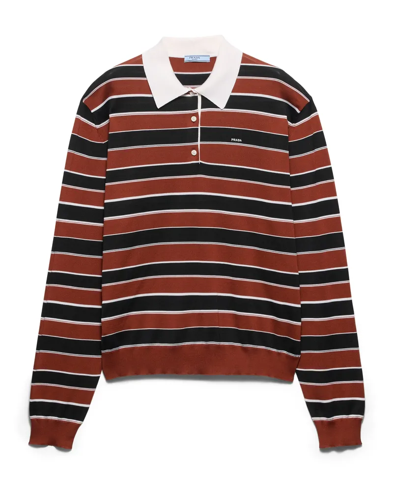 Prada Gestreiftes Poloshirt Aus Seide, Damen, Rost/schwarz, Größe Rost