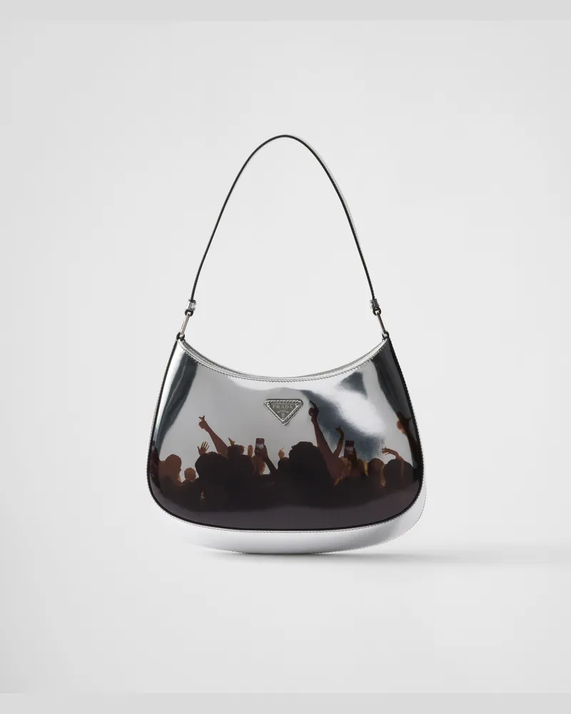 Prada Cleo Schultertasche aus bedrucktem, gebürstetem Leder Silber