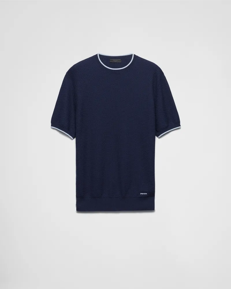 Prada Kurzärmliger Pullover aus Seide und Baumwolle Blau