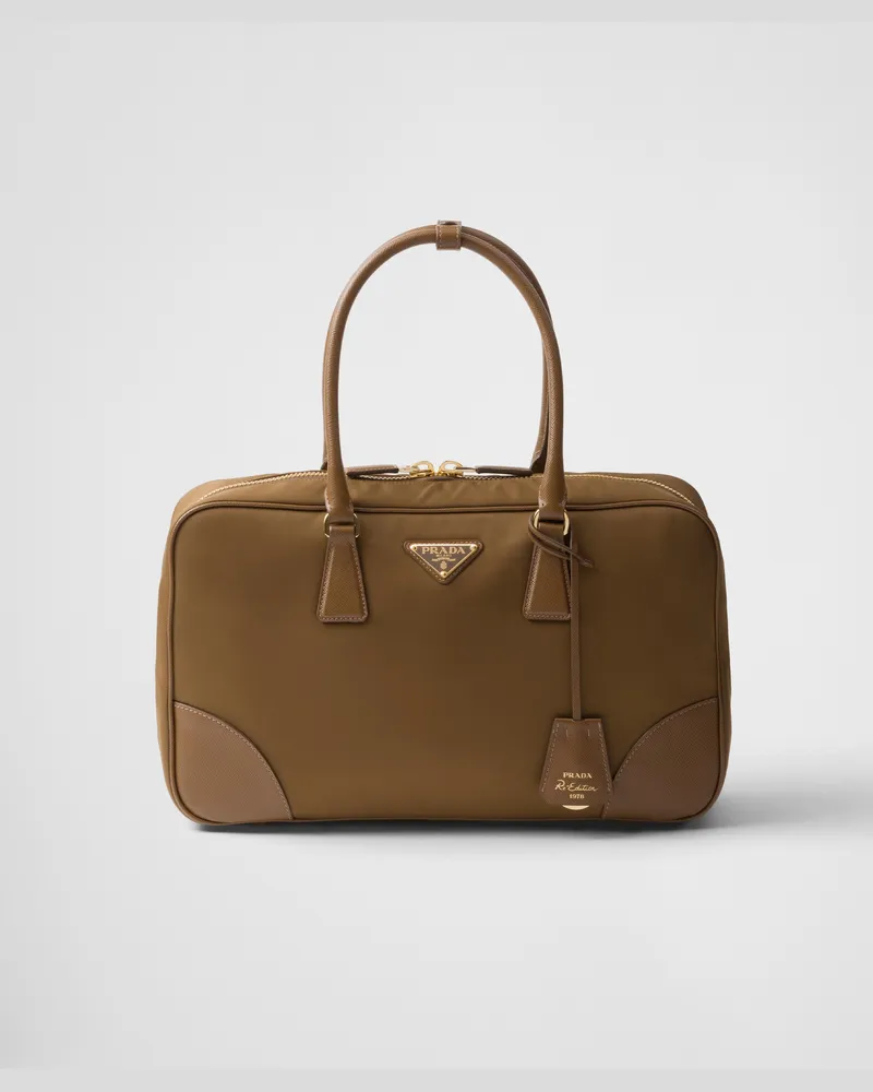 Prada Re-Edition 1978 Große Tasche mit zwei Griffen aus Re-Nylon und Saffiano-Leder Korkbeige