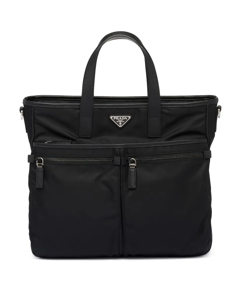 Prada Tote Bag Aus Re-nylon Und Saffiano-leder, Herren, Schwarz Schwarz