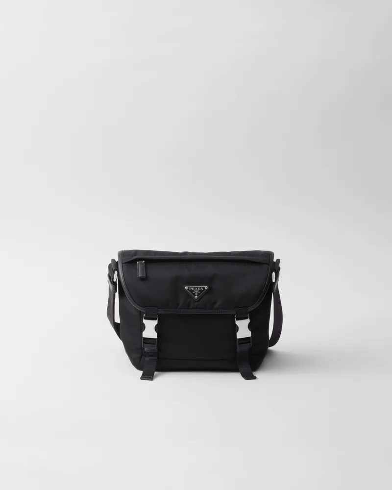 Prada Schultertasche aus Re-Nylon und Saffiano-Leder Schwarz