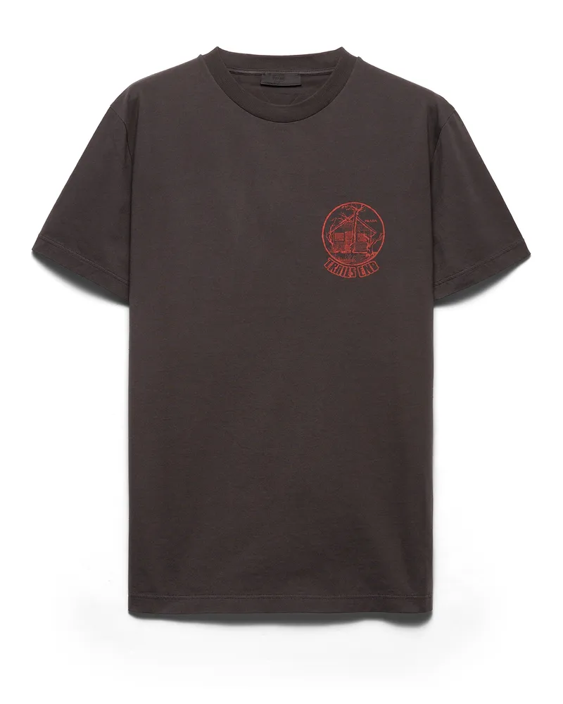 Prada T-shirt Aus Bedruckter Baumwolle, Herren, Asphalt/rot, Größe Asphalt