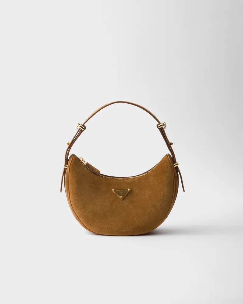 Prada Arqué Schultertasche aus Wildleder Zimt